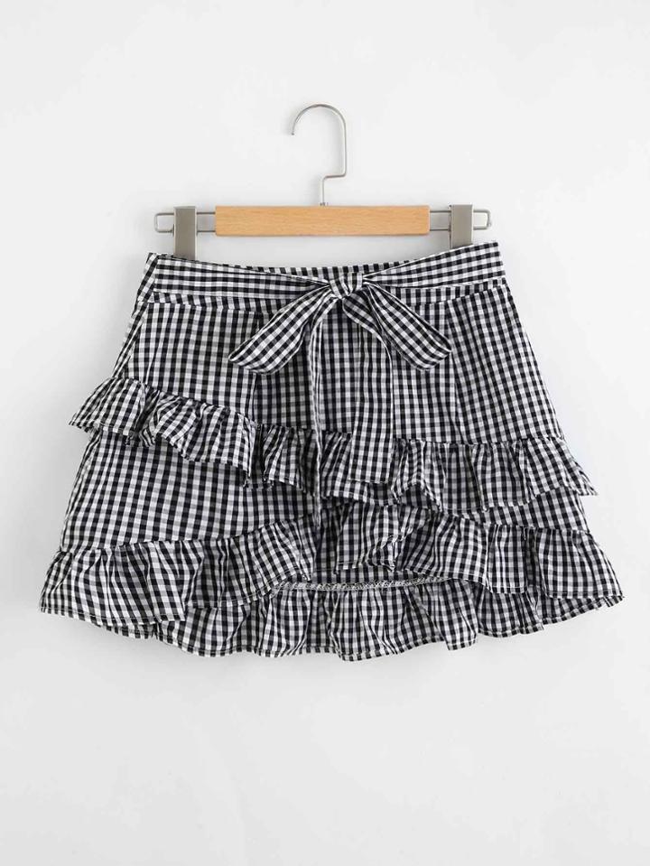 Romwe Tiered Frill Trim Gingham Skirt