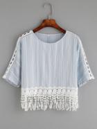 Romwe Blue Crochet Fringe Trim Eyelet Sleeve Embroidered Blouse