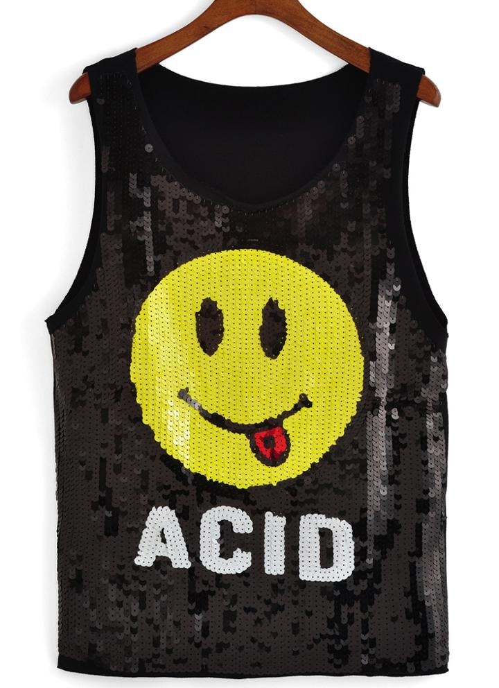 Romwe Smiley Face Sequined Black Tank Top