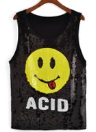 Romwe Smiley Face Sequined Black Tank Top