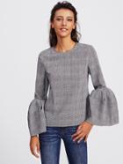 Romwe Exaggerate Trumpet Sleeve Buttoned Keyhole Check Top