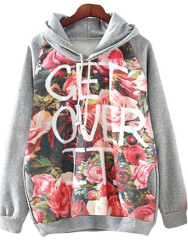 Romwe Hooded Floral Letters Print Sweatshirt