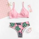 Romwe Leaf Print Ruched Plunge Bikini Set