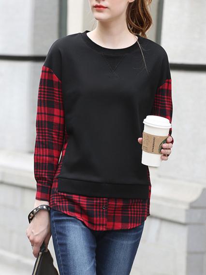 Romwe Round Neck Contrast Plaid Sweatshirt