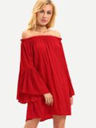 Romwe Ruffled Off-the-shoulder Bell Sleeve Dress - Red
