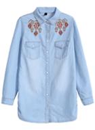 Romwe Bleached Embroidered Denim Blue Blouse