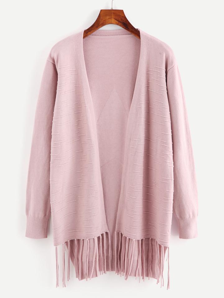 Romwe Fringe Hem Open Front Cardigan Sweater