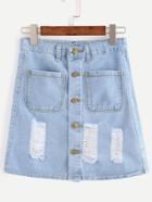 Romwe Blue Button Front Dual Pocket Ripped Denim Skirt