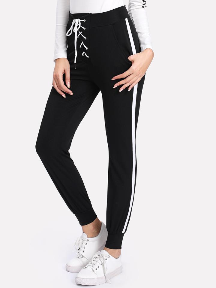 Romwe Lace Up Waist Contrast Stripe Side Pants