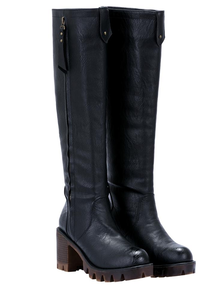 Romwe Black Round Toe Zipper Tall Pu Boots
