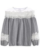 Romwe Grey Striped Lace Contrast Mesh Top
