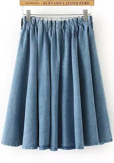 Romwe Blue Elastic Waist Pleated Denim Skirt