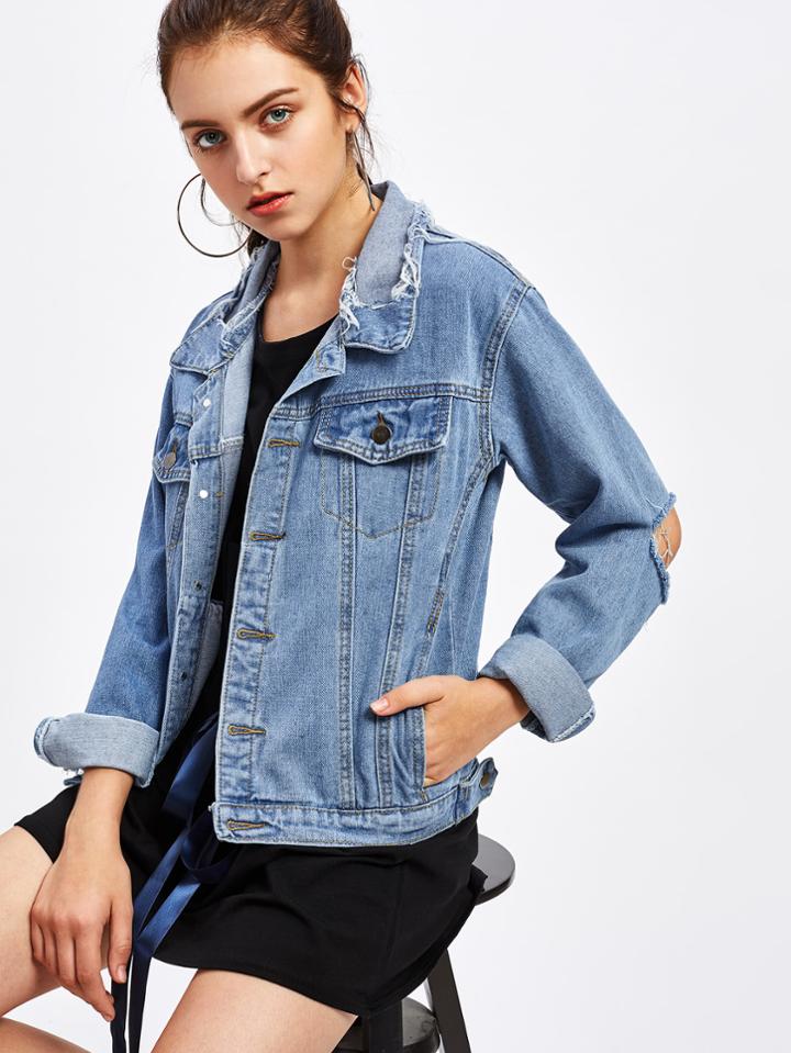 Romwe Ripped Cut Out Elbow Detail Denim Jacket