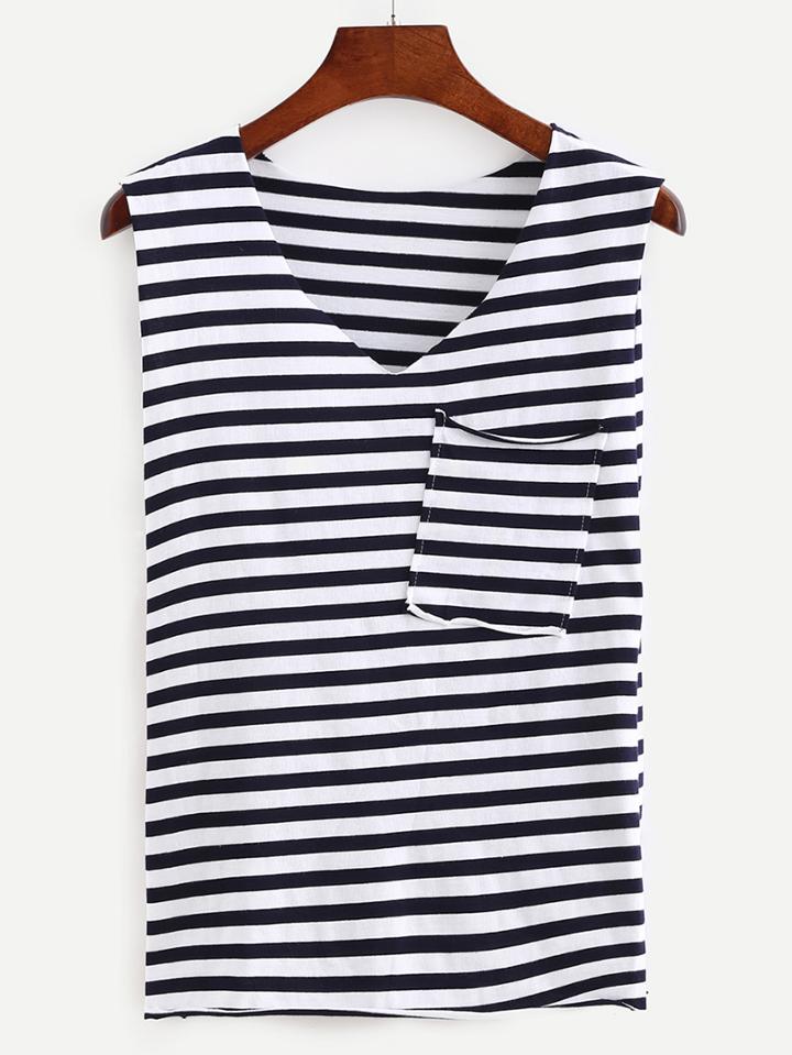 Romwe V Neck Striped Pocket Tank Top