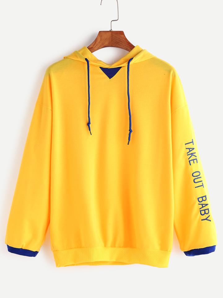 Romwe Yellow Contrast Trim Letter Embroidery Drawstring Hooded Sweatshirt
