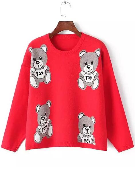 Romwe Women Long Sleeve Bear Print Red Knitwear