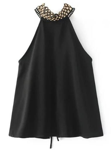 Romwe Halter Eyelet Lace Up Open Back Top