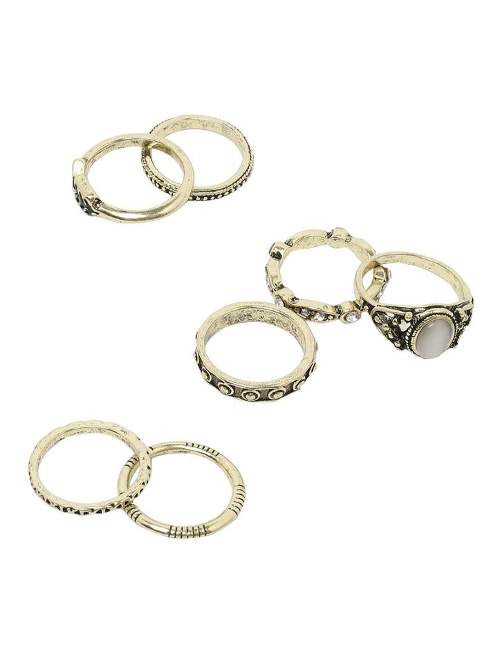 Romwe Etched Antique Brass Ring Set - 7pcs