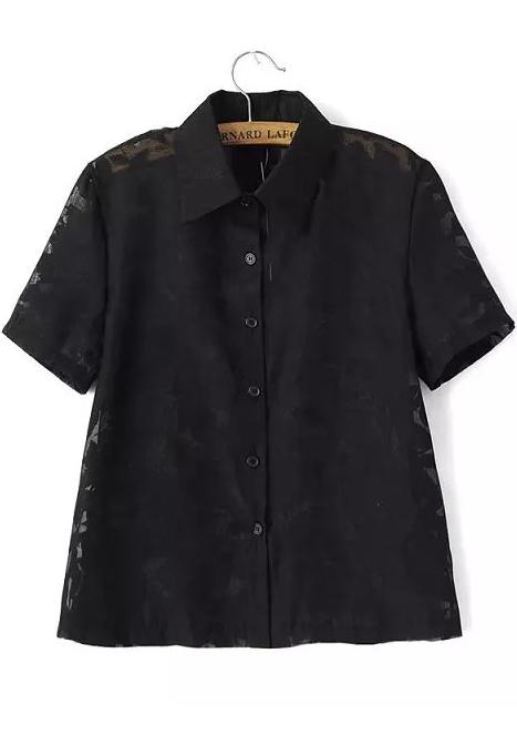 Romwe Lapel Mesh Black Blouse