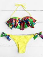 Romwe Tropical Halter Ruffle Lace Up Bikini Set