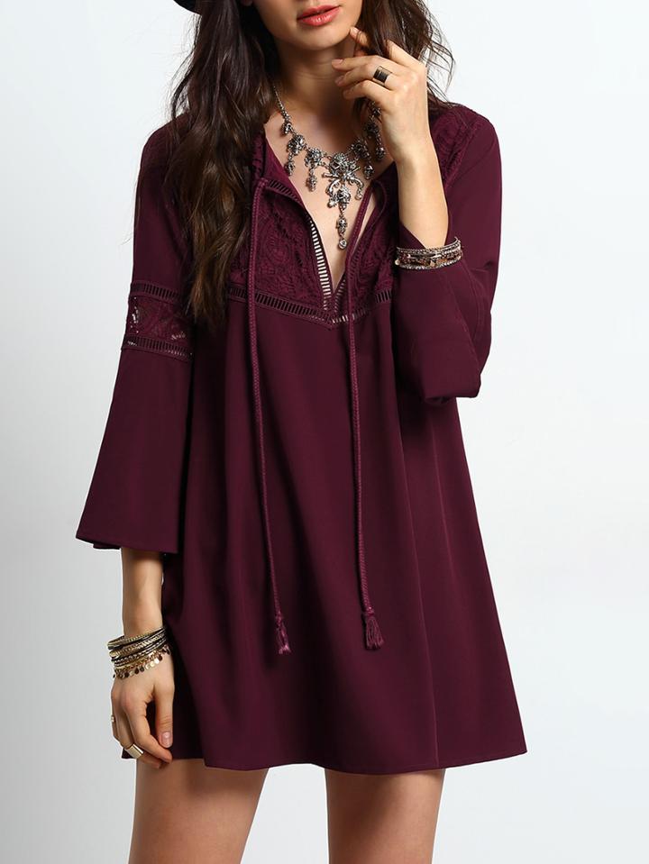 Romwe Bell Sleeve Tie Neck Lace Splicing Swing Dress