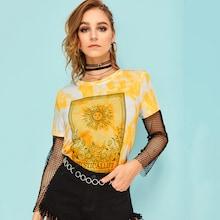 Romwe Tie Dye Floral Print Tee