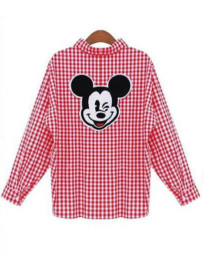 Romwe Lapel Dip Hem Plaid Mickey Print Red Blouse