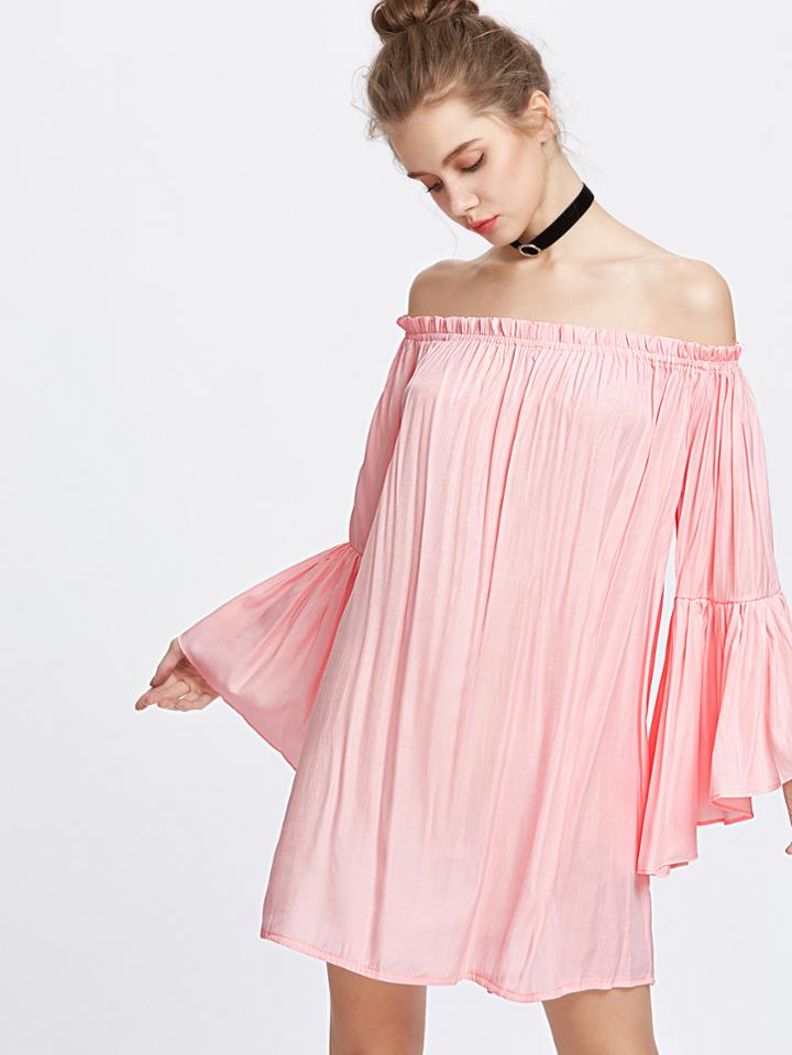 Romwe Off The Shoulder Bell Sleeve Ruffle Dress