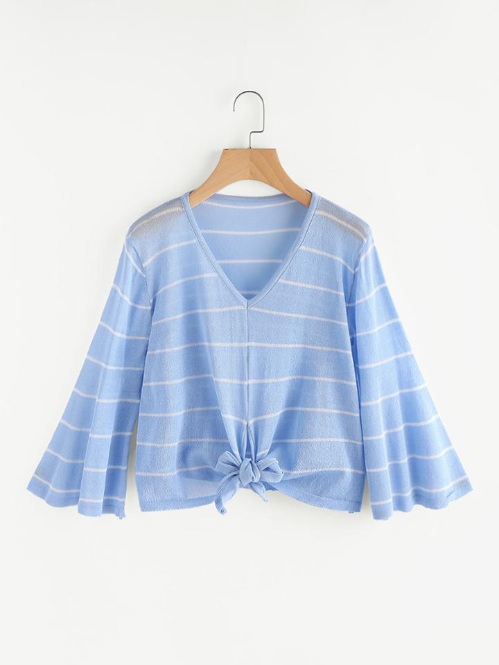 Romwe V Neckline Stripe Knot Front Knit Sweater