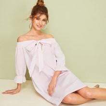 Romwe Stripe Print Tie Front Shirred Tunic Dress