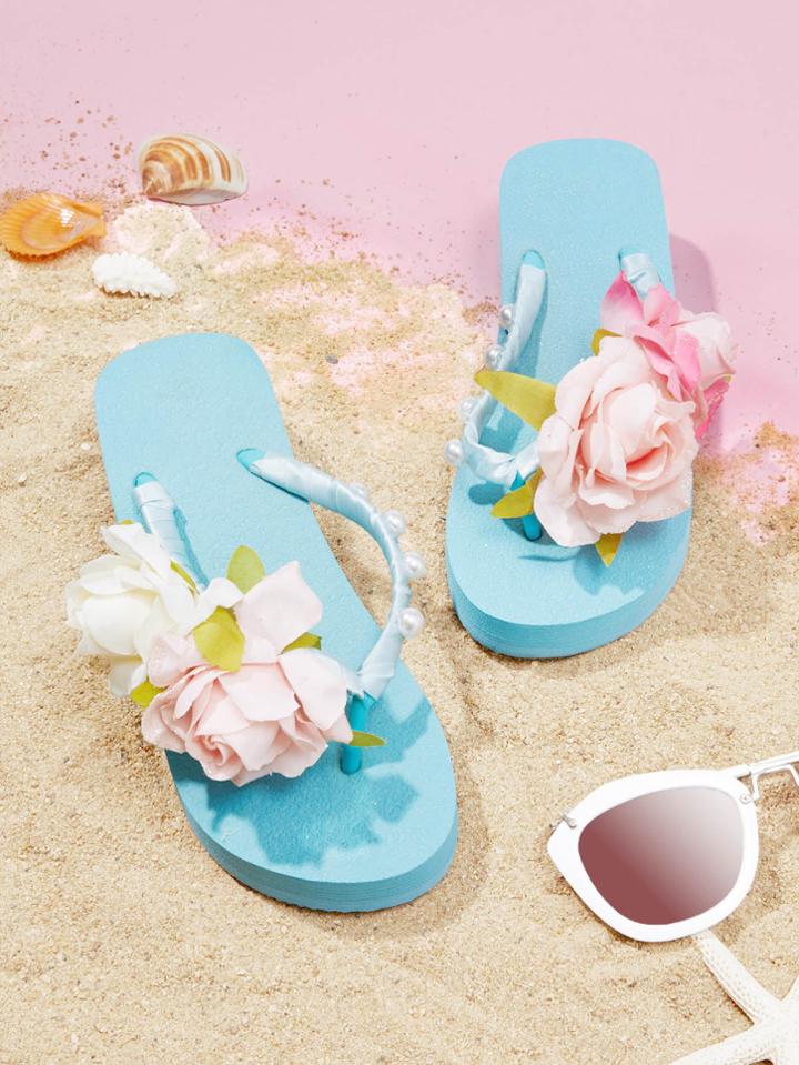 Romwe Flower & Faux Pearl Wedge Flip Flops