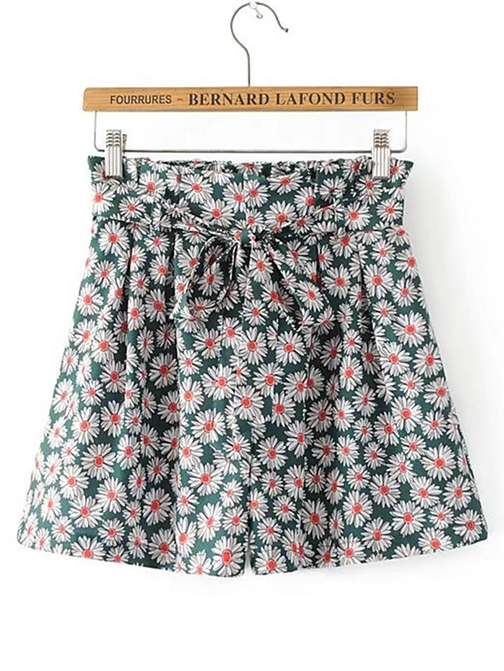 Romwe Ditsy Print Bow Tie Waist Shorts