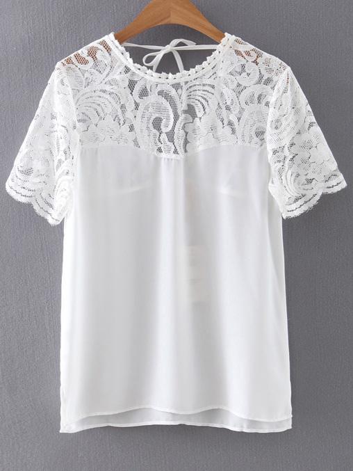 Romwe White Lace Splice Split Side Tie Back T-shirt