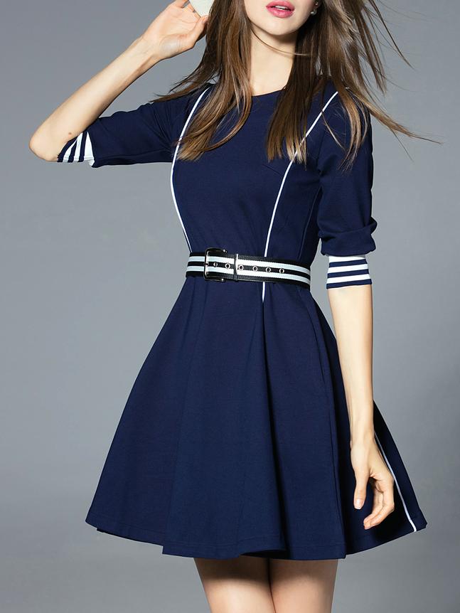 Romwe Navy Striped Belted A-line Dress