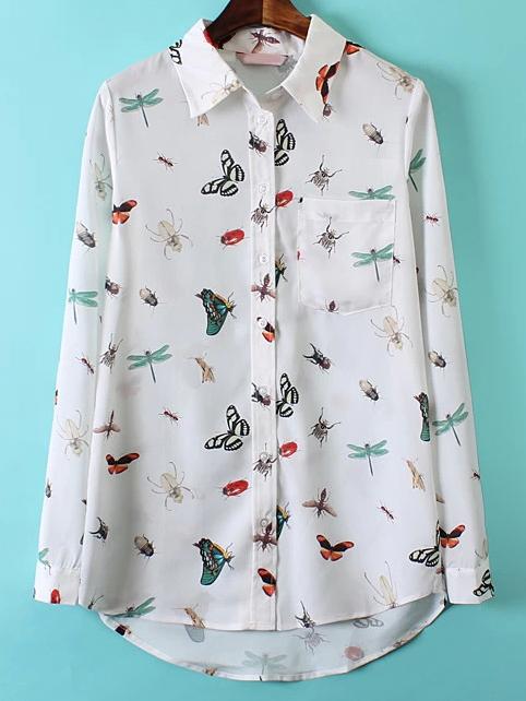 Romwe Multicolor Lapel Insect Print Pockets Blouse
