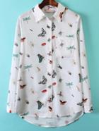 Romwe Multicolor Lapel Insect Print Pockets Blouse