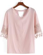 Romwe V Neck With Lace Pink T-shirt