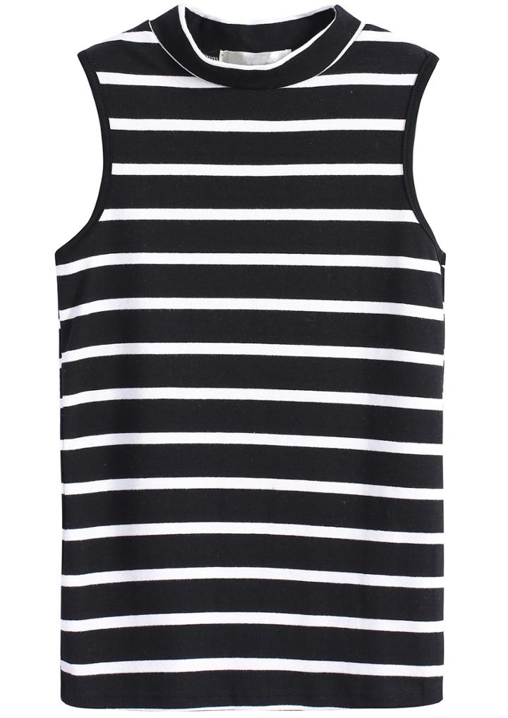 Romwe Stand Collar Sleeveless Striped Black T-shirt