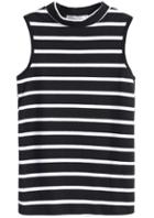 Romwe Stand Collar Sleeveless Striped Black T-shirt