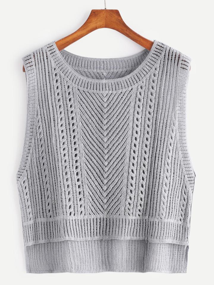 Romwe Grey Dip Hem Hollow Out Sleeveless Top