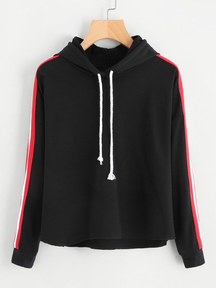 Romwe Contrast Striped Tape Drawstring Hoodie