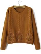 Romwe Embroidered Cable Knit Khaki Sweater