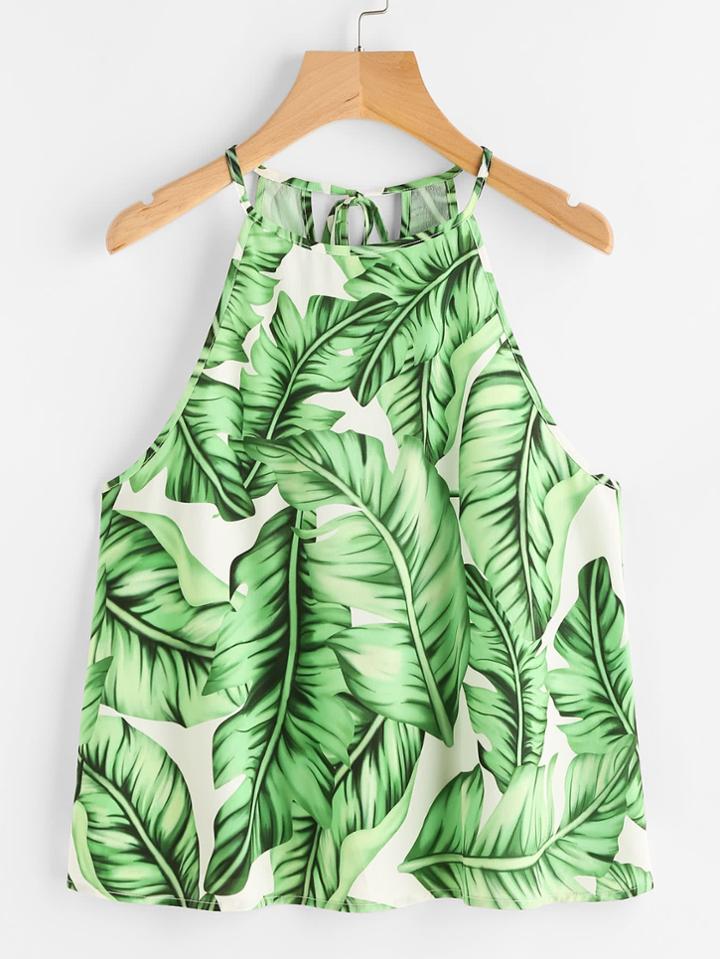 Romwe Self Tie Keyhole Back Tropical Racer Cami Top