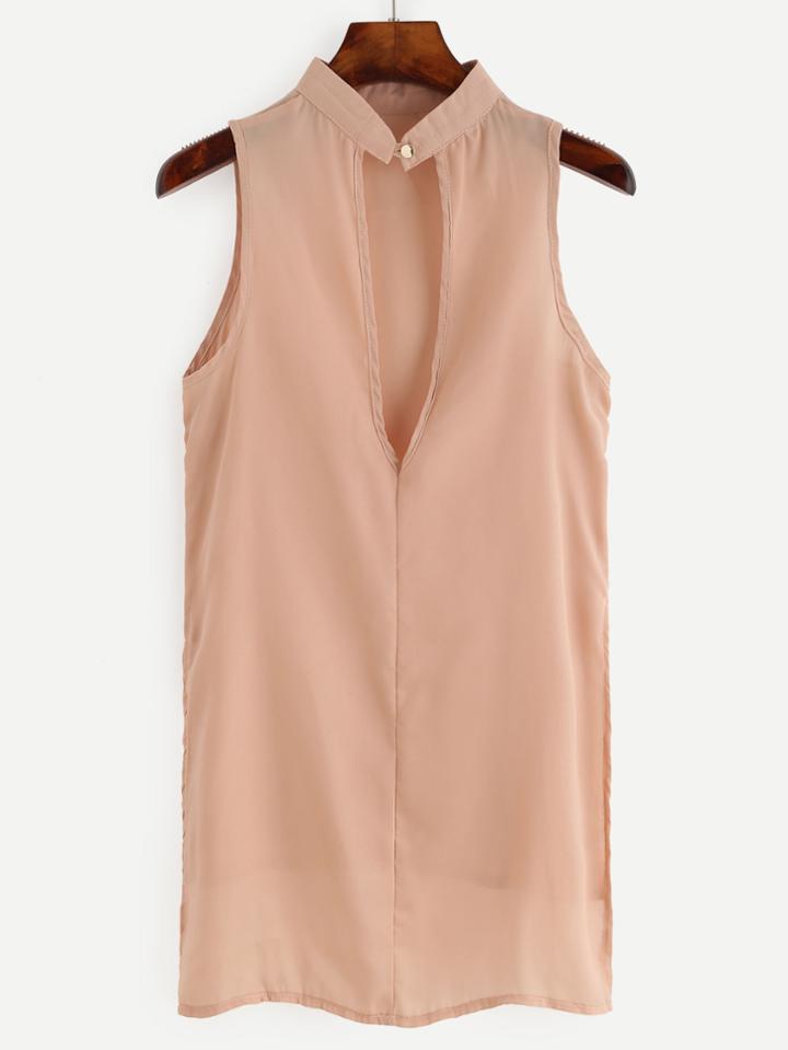 Romwe Apricot Buttoned Keyhole Back High Low Top