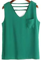 Romwe V Neck With Pocket Hollow Green Tank Top