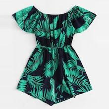 Romwe Plus Off Shoulder Palm Tree Print Romper