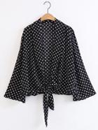 Romwe Bell Sleeve Polka Dot Knot Front Top