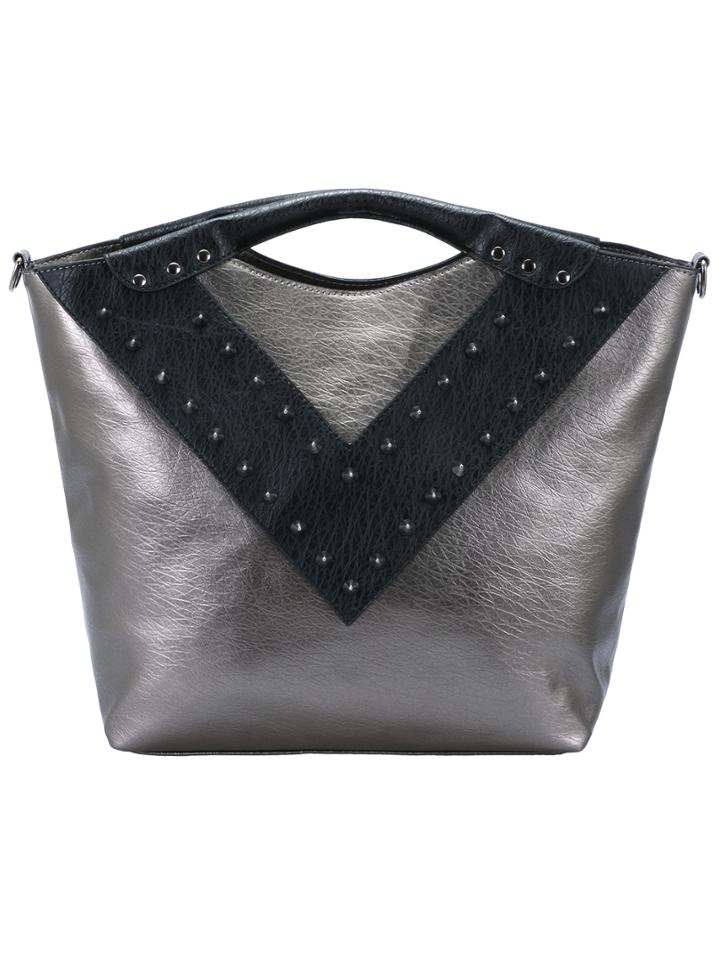 Romwe Grey V-shaped Rivet Pu Tote Bag