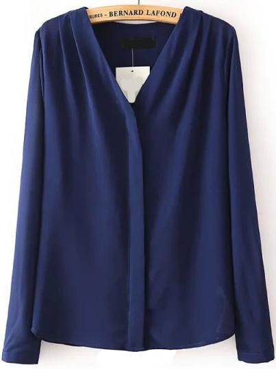Romwe V Neck Chiffon Navy Blouse