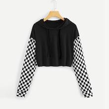 Romwe Gingham Panel Drawstring Hooded Tee
